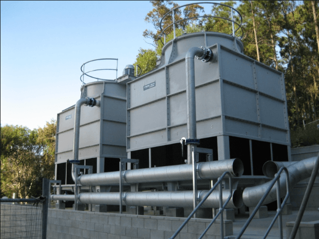 Square modular cooling tower units with industrial piping