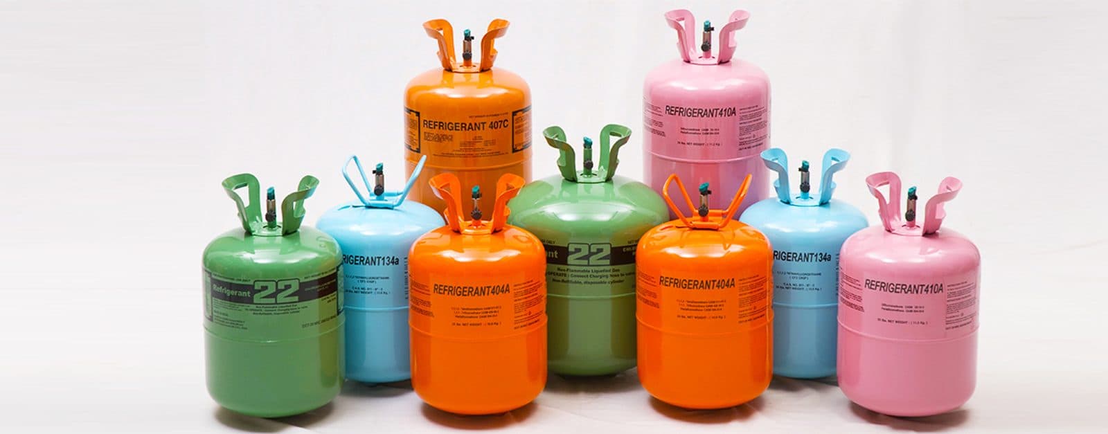 Assorted R22, R32, R134a, and R404A refrigerant gas cylinder range